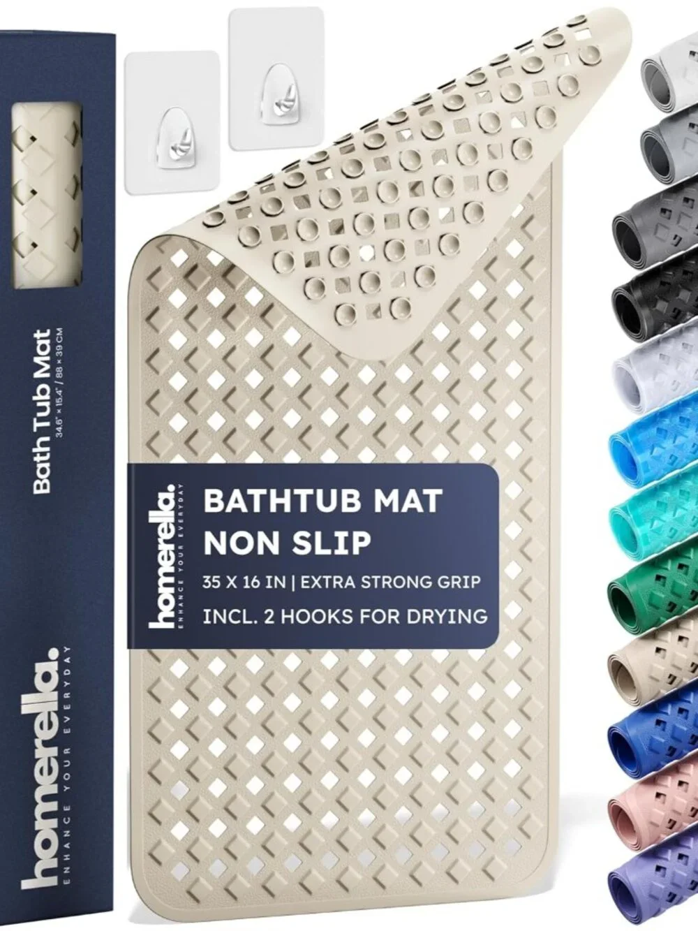 Extra Long Non-Slip Shower Mat 35x16 - Mold Resistant & Includes Drying Hooks